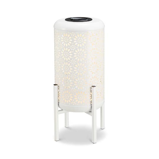 Glitzhome® 14.25" White Metal Cutout Flower Pattern Solar Powered LED Outdoor Lantern
